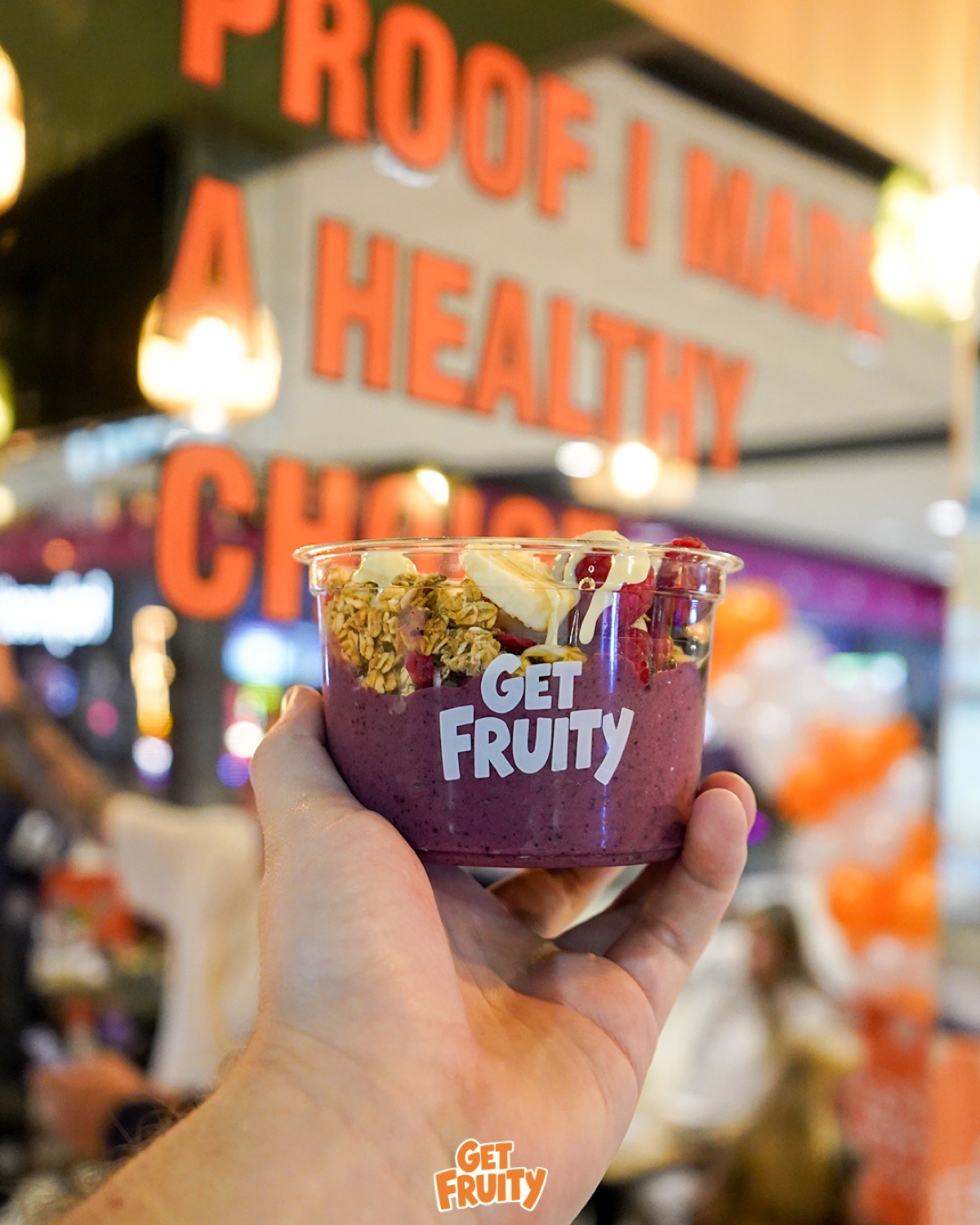 A Get Fruity açaí bowl topped with fresh fruit