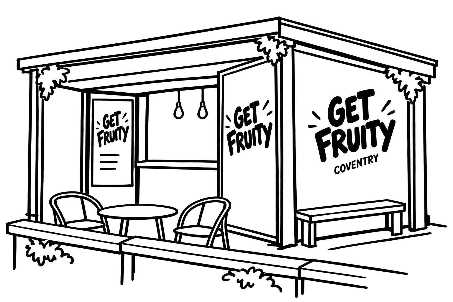 Black line illustration of the original Get Fruity hut in Coventry